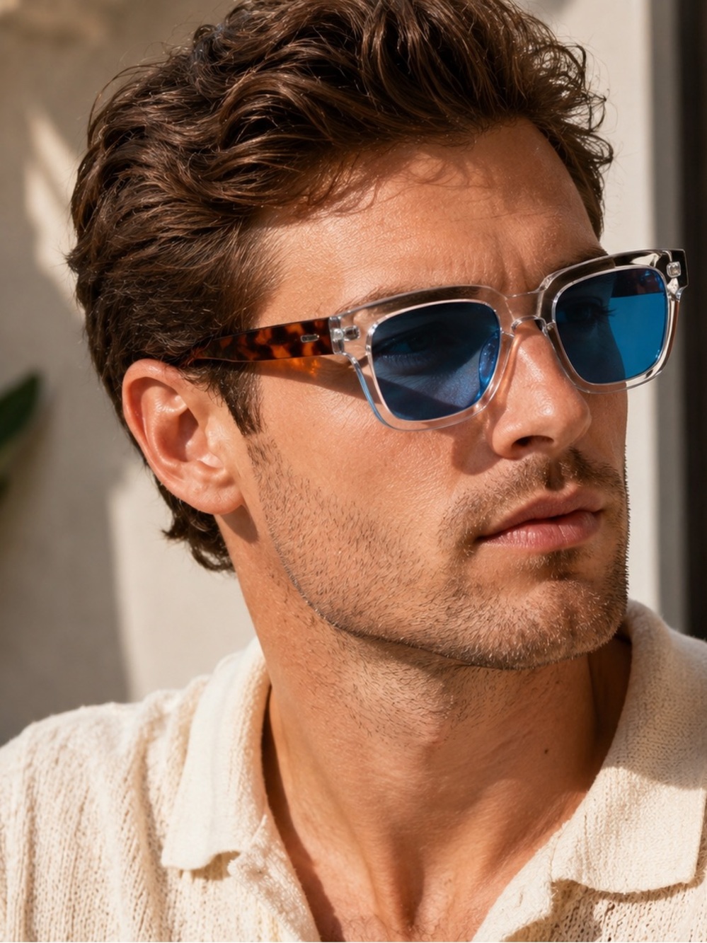 Men's Clear and Tortoise Sunglasses with Blue Lenses